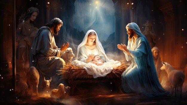 an artistic representation of the Nativity scene with the baby Jesus Mary Joseph