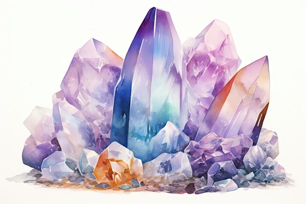 Фото Художественное изображение кварцевого кластера каждый кристалл деликатно затенен, чтобы захватить его прозрачность эфирная акварель изолирована на белом фоне