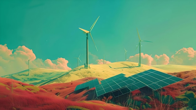 Artistic representation of renewable energy landscapes with wind turbines and solar panels in a serene setting ideal for ecofriendly projects AI