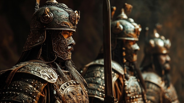 An artistic representation of Shang Dynasty warriors in elaborate bronze armor and weaponry hd war