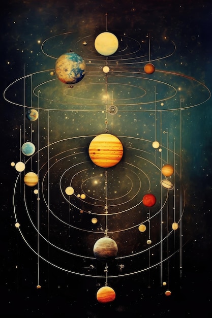 Photo an artistic representation of the solar system with orbits and planets created with generative ai