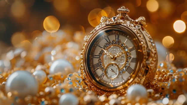 Artistic representation of times value with an elegant alarm clock and jewels