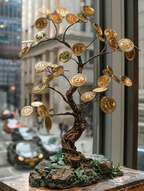 Художественное изображение дерева с биткойновыми монетами в виде листьев в городском пейзаже, символизирующем концепцию дерева денег в цифровую эпоху