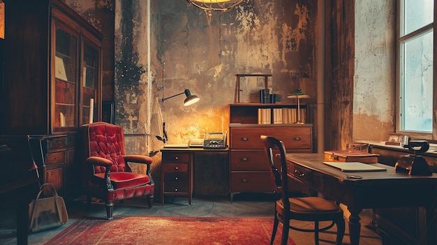 An artistic representation of a vintagestyle office with antique furniture soft textiles and warm