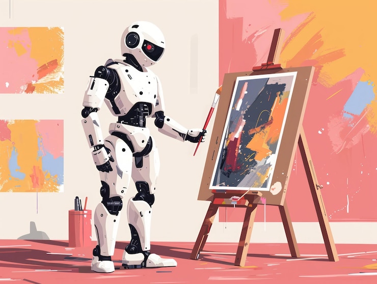 Photo artistic robot painter with palette and easel illustration generative ai