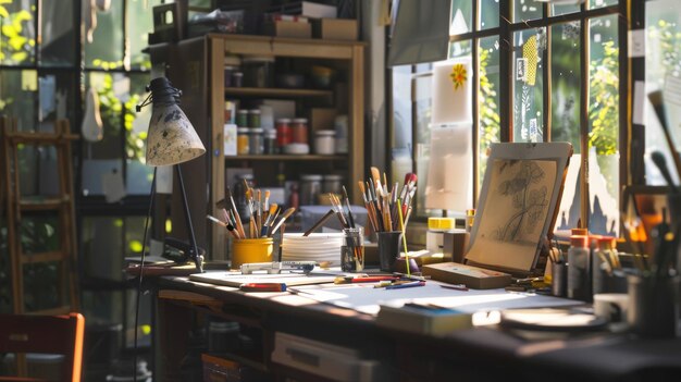 Photo artistic sanctuary a serene and cluttered artist39s studio bathed in sunlight