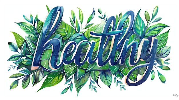 Photo artistic script of the word healthy surrounded by stylized green leaves