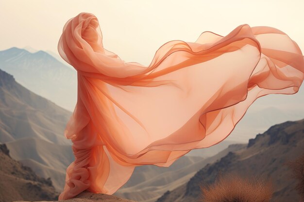 An artistic shot of an apricot colored silk fabric levitating on nature mountains background