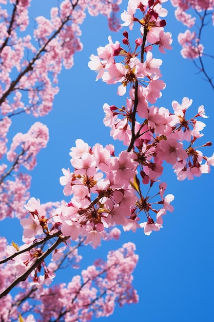 An artistic shot of cherry blossoms from a low angle with a clear blue sky as the backdrop