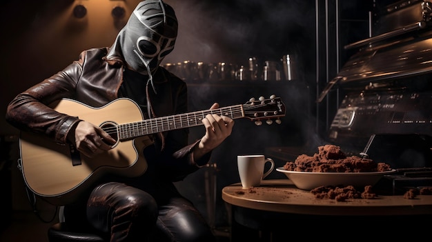 Художественный снимок музыканта с кофе в творческой студии