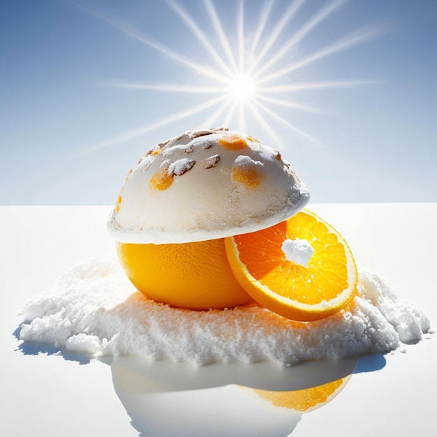 Artistic shot of an orange in the snow with the sun shining