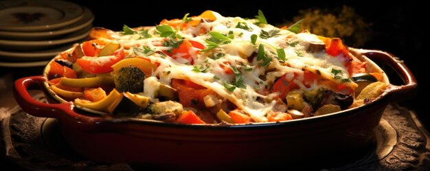 An artistic shot of a rusticstyle vegetable lasagna baked in an earthenware dish reminiscent of homecooked meals The shot captures the medley of roasted vegetables including colorful