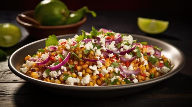 Photo an artistic shot showcasing a colorful mexican street corn salad charred corn kernels are combined with diced red onion tangy lime juice crumbled feta cheese and a sprinkle of y chili