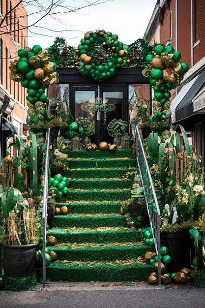 An artistic shot of St Patrick's Day decorations in a city