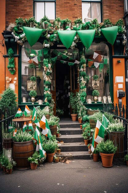 An artistic shot of St Patrick's Day decorations in a city