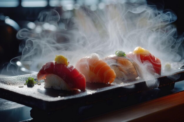 Photo artistic shot of steaming sushi on a plate capturing rising steam and soft lighting