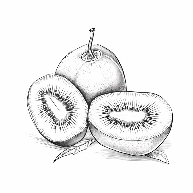 Artistic simplicity pencil sketch of kiwi fruits with continuous lines black and white