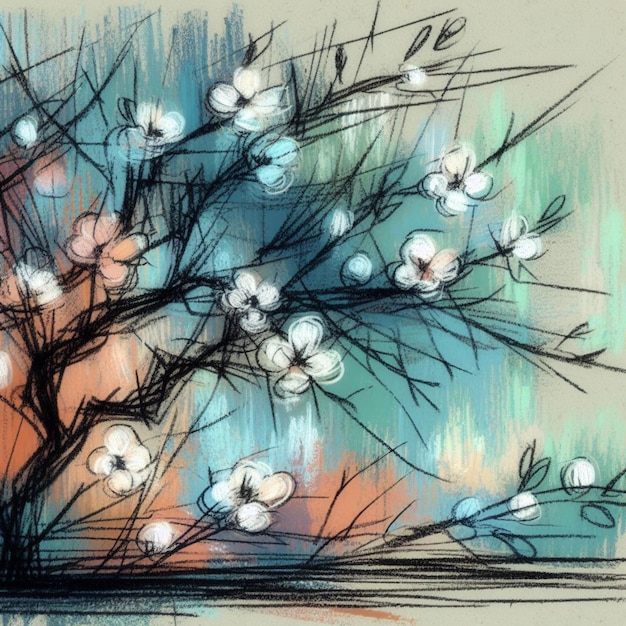 Artistic sketch of delicate blossoms on branches with pastel colors blending softly in a textured dreamy springtime illustration