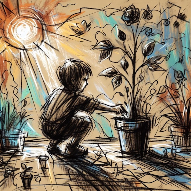 Artistic sketch of a young child tenderly caring for a potted plant in a sunny garden setting