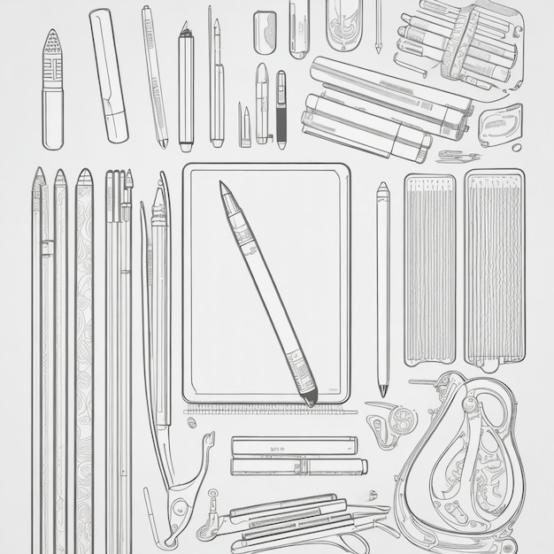 Фото Художественная иллюстрация канцелярских изделий с приспособлениями для рисования и дизайна