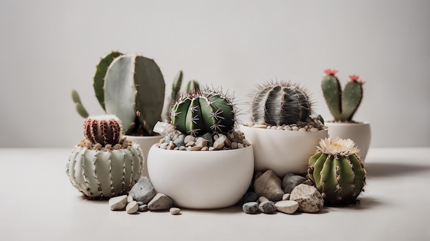 An artistic still life arrangement of mixed cacti against a clean white backdrop