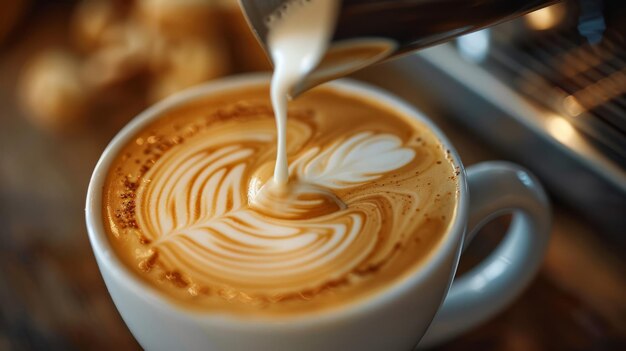 An artistic swirl of cream being poured into a steaming cup of coffee