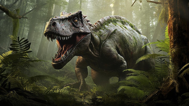 Photo artistic tarbosaurus hunting in forest