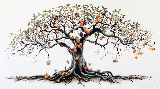 Photo artistic tree illustration with human faces on leaves and fruits symbolizing family tree and heritag