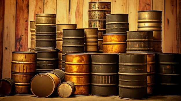 Photo artistic vintage interpretation of oil barrels on coin stacks