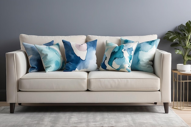 Художественные акварельные акцентные подушки на современном диване с абстрактными дизайнами для современного комфорта