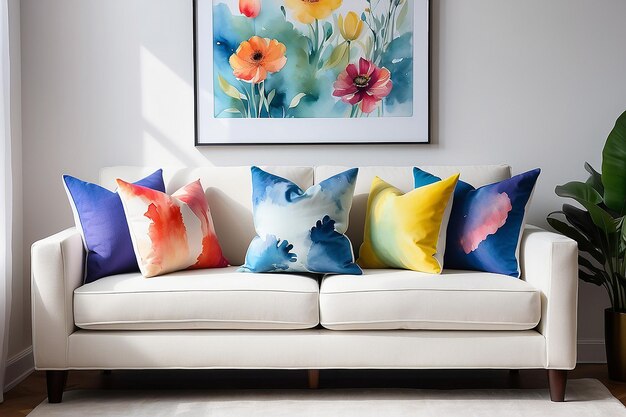 Artistic watercolor accent pillows on a modern sofa