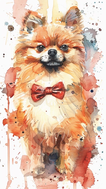 Artistic watercolor depiction of a Pomeranian with a bow tie light watercolor splashes