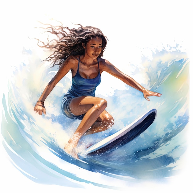 Artistic Watercolor Illustration of an AfroAmerican woman exploring the waves creative and colorful