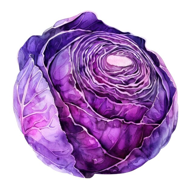 An artistic watercolor painting of a purple cabbage isolated on a white background