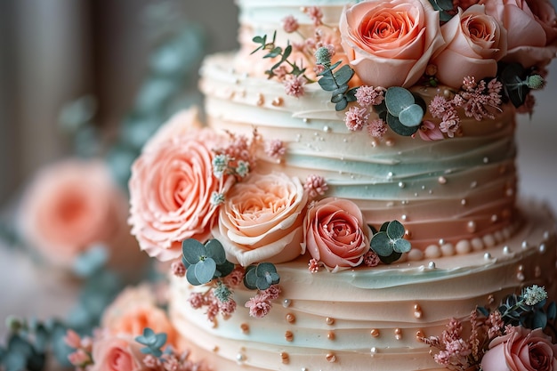 Foto torta nuziale artistica con rose e eucalipti perfetta per le arti culinarie ai generata