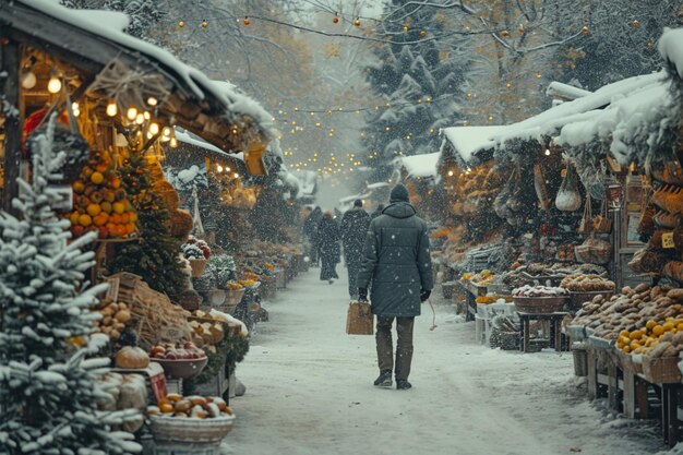 Artistic winter marketplace Crafters presenting their creations in snowy ambiance