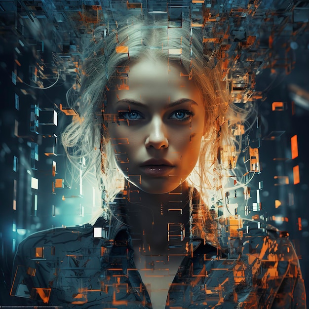 Фото Художественная женщина соединила метаверс виртуальную реальность кибермир