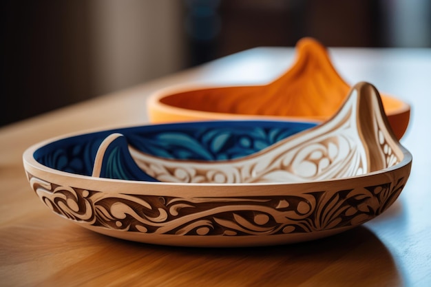 Photo artistic wooden bowls with painted designs on a wooden table