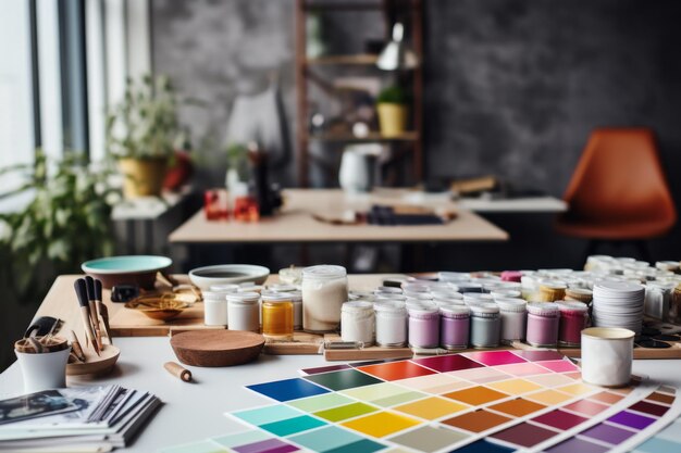 Artistic workspace with color samples and paint