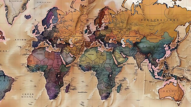 Художественная карта мира в винтажном и гранжевом стиле. Цвета яркие и насыщенные, а общий эффект - красота и чудо.