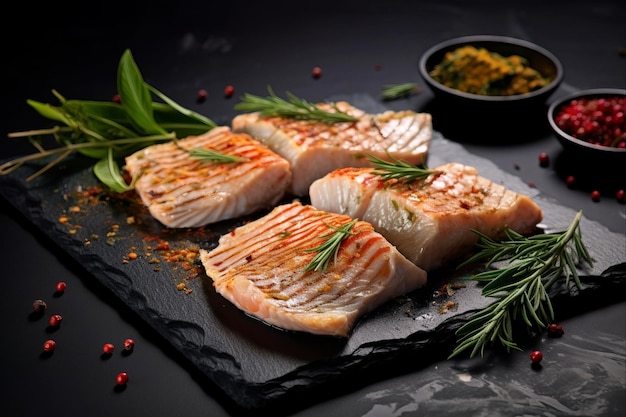 Artistically Presented Ayakura Seer Fish Steaks A Gastronomic Masterpiece on a Graphite Slate
