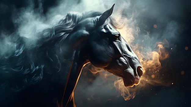 Artisticly lit horse head with smoke and fumes on black background neural network generated image