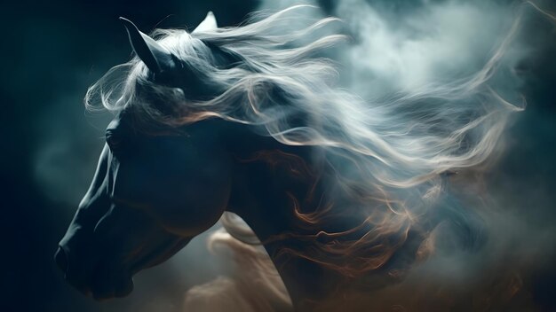 artisticly lit horse head with smoke and fumes on black background Neural network generated in May 2023 Not based on any actual scene or pattern