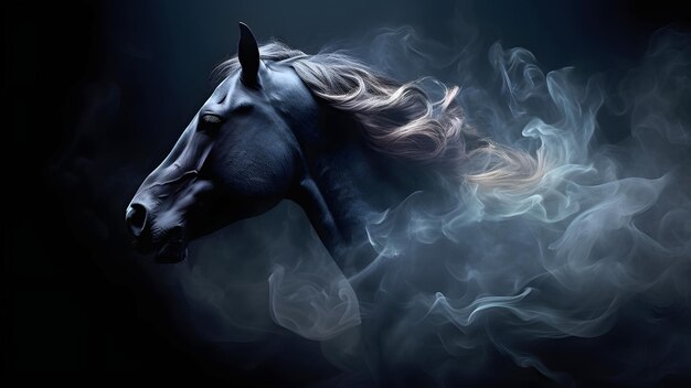 artisticly lit horse head with smoke and fumes on black background Neural network generated in May 2023 Not based on any actual scene or pattern