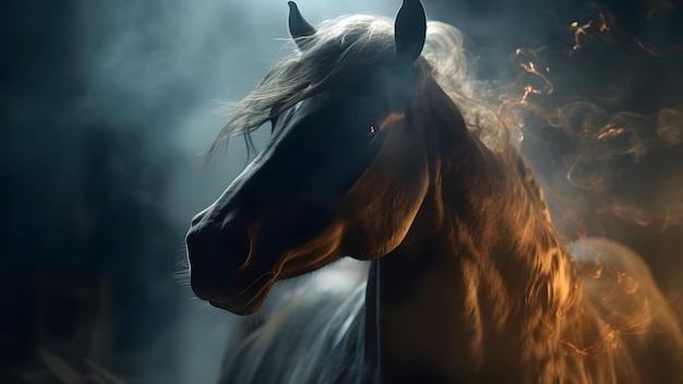Художественно освещенная голова лошади с дымом и дымами на черном фоне Нейронная сеть, сгенерированная в мае 2023 года, не основана на какой-либо реальной сцене или рисунке
