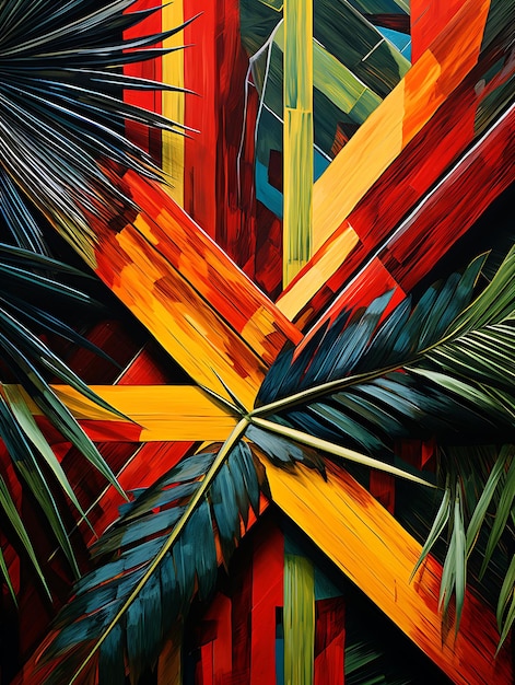 Artistiek heilig kruis gemaakt van abstract geschilderde houten panelen Kruis Palmzondag Foto Christelijke kunst