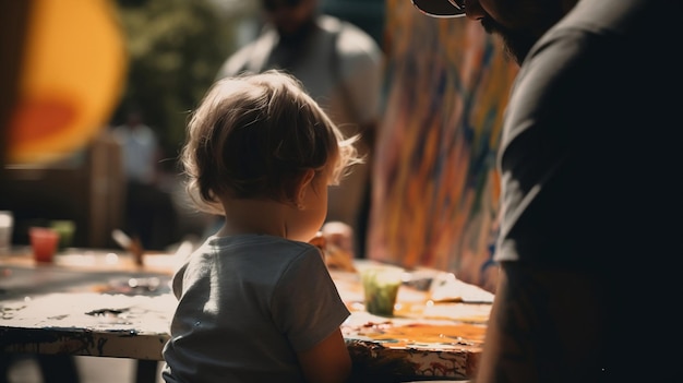 Artistiek plezier Vader en dochter brengen quality time door aan kunsttafel voor buiten Generatieve AI
