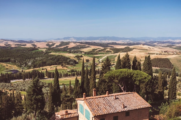 Artistiek Toscaans landschap met cipressen, golvende velden en huis