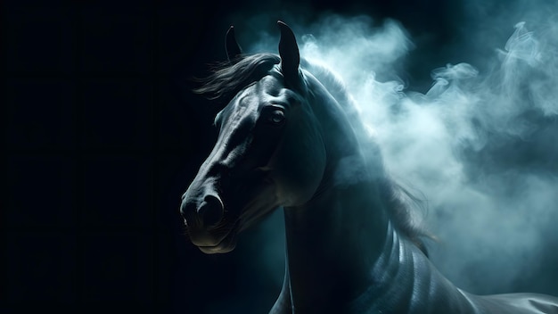 artistiek verlicht paardenhoofd met rook en dampen op zwarte achtergrond Neuraal netwerk gegenereerd in mei 2023 Niet gebaseerd op een feitelijke scène of patroon