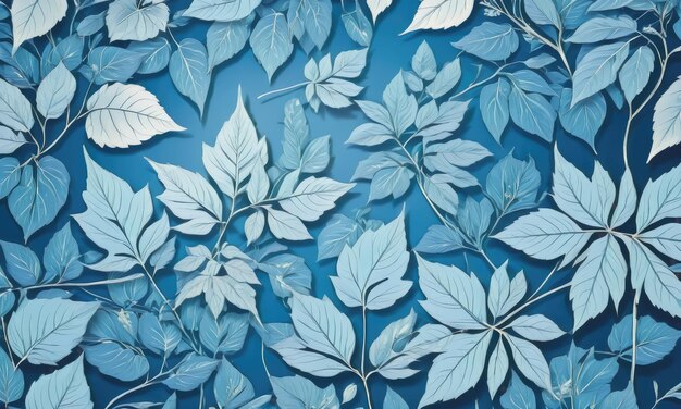 Artistieke blauwe achtergrond met delicate skeletachtige bladeren versierd met lichtblauw